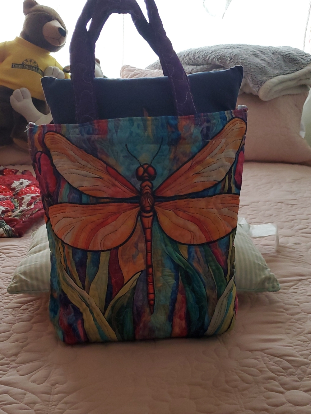 Vibrant Dragonfly Quilted Tote Bag - Multicolor